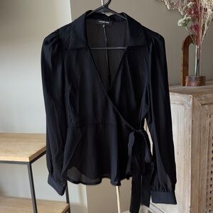 French Kiss Black Sheer Wrap Long Sleeve Peplum Top Blouse Medium